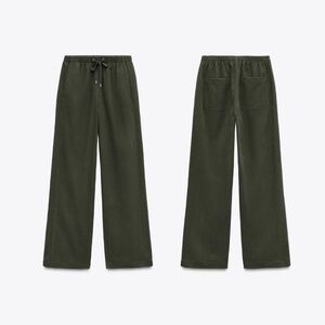 Zara Textured Faux Suede‎ Wide Leg Pants Green Dark Khaki 8372/245/507 Sz XL